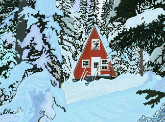 Red, A Frame House In Snow At Night