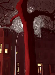 Street and Tree at Night Lit By Sirens and Street Lamp