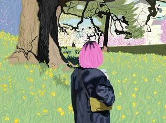Woman with Pink Hair and Field of Daffodils