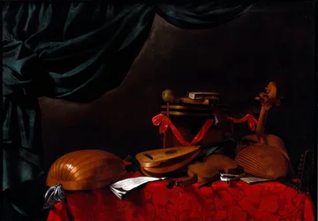Still life with musical instruments and a pear. Painting by Evarista Baschenis. 17th century. Bergamo, Accademia Carrara, Italy