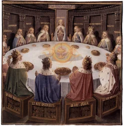 Arthurian legend: the Knights of the Round Table: Galaad (Galahad) on the Seat Perilous, the Holy Grail appears, illumination by Evrard d