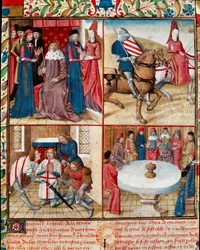 King Arthur holding court, Lancelot led by a lady to the abbey, softening from Galahad to the abbey and the knights of the Round Table around the Holy Grail Manuscript page 