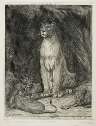 Lioness Seated and Three Cubs