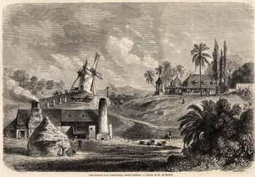 A sugar factory in Guadeloupe, drawing by Auguste de Berard, to illustrate the voyages to the West Indies, in 1858-1859, by Anthony Trollope. Engraving in 