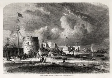 Port of the city of Zanzibar (present-day Tanzania), drawing by Evremond de Berard (1824-1881), to illustrate Captain Burton