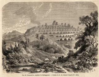 View of Tananarive, capital of Madagascar, drawing by Evremond de Berard, to illustrate Ida Pfeiffer