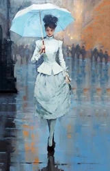 A young woman stands on the street holding an umbrella