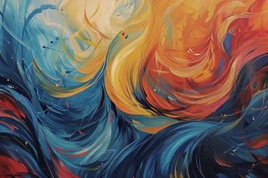 Abstract Painting in Waves of Orange, Blue & Yellow