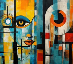 Beautiful Cubist Painting, Female Face in Vivid Colors