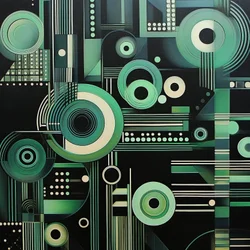 Complex geometric painting on a dark black background, fine art prints