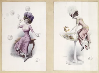 Postcards Depicting a Woman Blowing Bubbles & Fishing in a Champagne Glass, c.1900