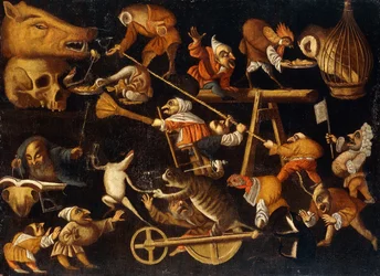 Imaginary Animals and Dwarfs Fighting, Drinking and Carousing
