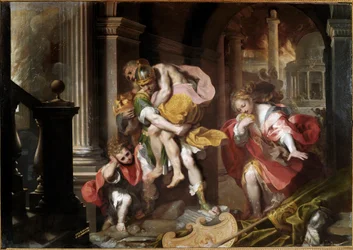 Aeneas carrying his father Anchises on his shoulders and fleeing the fire of Troy. Painting by Federico Fiori, known as il Barocci (1528/35-1612), 1598. Oil. 179x253 cm. Rome, Galleria Borghese