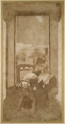 Man Drawing by Moonlight from the Window of a House