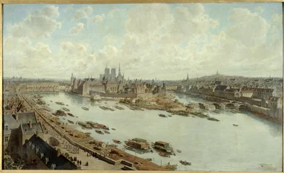 Panoramic view of Paris in 1588, from the rooftops of the Louvre, with the Pont-Neuf under construction