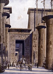 Reconstitution of the Temple of Amon. Illustration by F. Hoffebauer. 19th Century