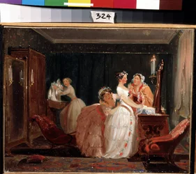 The Wedding Preparation. A young bourgeois girl in a wedding dress preparing for the ceremony. Work by Feodor Andreyevich Bronnikov (1827-1902)