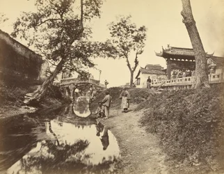 Chinese View of a River and a Bridge in a Village Including Several Chinese People