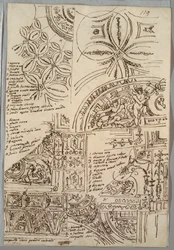 Decorative Studies of Ceilings with Grotesque; Studies of Monument with Papal Seal, Sisto V