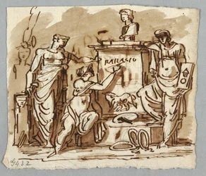 Monument after Palladio with Bust of Palladio and Wolf with Romulus and Remus