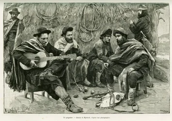 A payador, duel in verse of walking singers. Engraving to illustrate the story Voyage a la Plata, in 1886, by Emile Daireaux, in le tour du monde 1888, directed by Edouard Charton, Hachette, Paris.