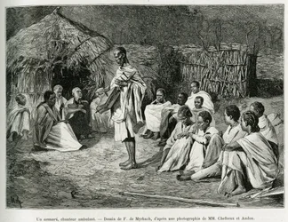 An asmari, a walking singer. Engraving after a photograph, to illustrate the story Voyage au Choa (Abyssinie meridionale), in 1884-1888, by Henry Audon, in le tour du monde 1889, directed by Edouard Charton, Hachette, Paris.