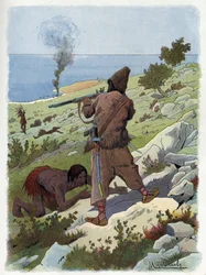 Robinson Crusoe kills the savages who chase Friday