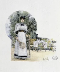 Young woman on a tennis court - engraving, late 19th century