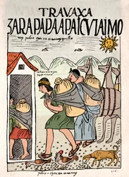 Inca Empire: Inca peasants working in the fields in July - ink drawing from Don Felipe Puma de Ayala