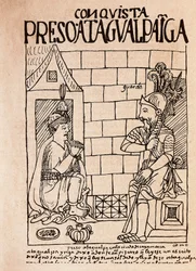 Inca emperor Atahualpa, prisoner of the Conquistadores at Cajamarca (Ink drawing)