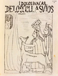 Inca offering llama to idols (Engraving)