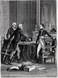 First deliberation of the three consuls in Peer-Luxembourg - Napoleon Bonaparte, Emmanuel Joseph Sieyes and Pierre Roger-Ducos 1799 - Engraving by Barbant, after Philippoteaux - First Consulate, 24 Frimaire VIII (15th December 1799), first meeting of First