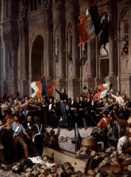 Revolution of 1848: Alphonse de Lamartine (1790 - 1869), refusing the red flag for the tricolor flag, at the Town Hall. Paris, 26 February 1848. Detail of a painting by Henri Félix Philippoteaux (1815 - 1884), Paris, Musée du Petit Palais - Revolution of