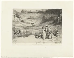Young Women Giving Money to Shepherdess in Hilly Landscape