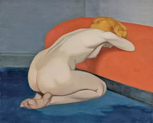 Femme nue agenouillee devant un canape rouge (Naked Woman Kneeling in Front of a Red Couch)