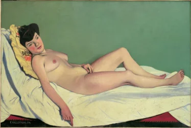 Nude Woman Lying on a White Sheet, Yellow Cushion