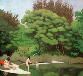 Sunny Forest Landscape with Two Women and a Child