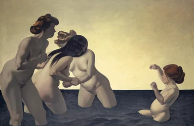 Three Women and One Little Girl Playing in the Water