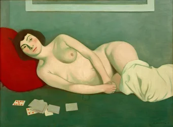 Reclining Nude Woman with Blue Cards
