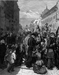 Deportation of the Jesuits from the Rue de Sevres in Paris following the decrees of March 1880 issued by Jules Ferry and removing the right to teach members of unauthorized religious congregations: the Parisian population shows solidarity with the eviction