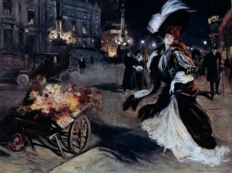 Belle Epoque: Woman in Egrets in a Parisian Street at Night