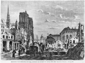 Paris, demolition of a part of the Cite to extend the buildings of the new Hotel-Dieu, engraved by Charles Barbant