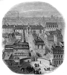 View of the Gobelins tapestry factory in Paris, with the Capuchins convent, the Observatory and the castle of the Queen Blanche. Engraving by Thorigny