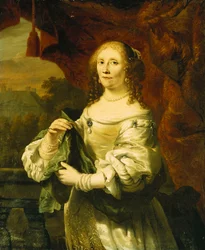 Portrait of a Lady, Standing Three-Quarter Length, Wearing a White Satin Dress Draped with a Green Shawl Before a Red Curtain on a Balcony, a Landscape Beyond