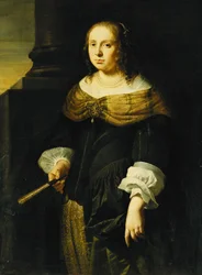 Portrait of a Lady, Three-Quarter Length, Wearing a Black and Green Dress, Holding a Fan, on a Portico