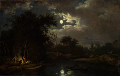 Moonlit Landscape with Fishermen by a Campfire