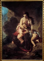 Furious Medea. Medea murders her two children in a cave. Painting by Eugene Delacroix (1798-1863)