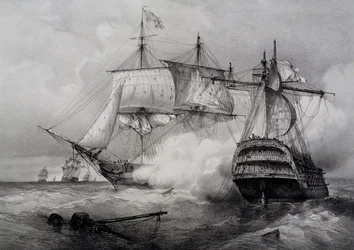 Battle between American 74-gun ship and British frigate, lithograph by Ferdinand Perrot