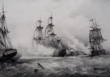Fighting between British and American third-rate sailing ships with 74 guns, lithograph by Ferdinand Perrot
