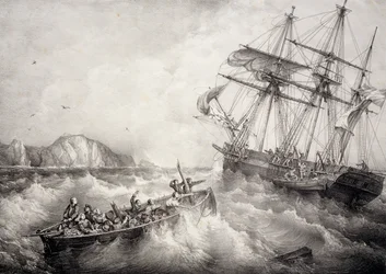 Rescue of crew of Breton fishing boat by Swedish ship Le Neptune, Lithograph by Ferdinand Perrot